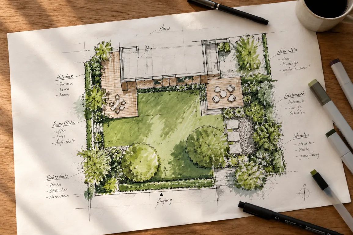 Handgezeichneter, kolorierter Gartenplan auf dem Schreibtisch